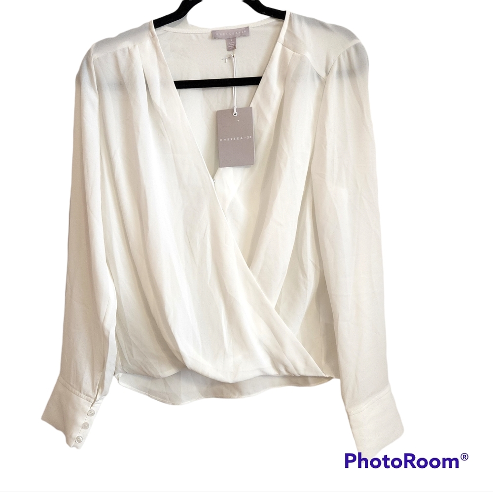 NWT/ Chelsea28 / Womens Blouse Faux WrapTop Ivory Long Sleeve V Neck / S